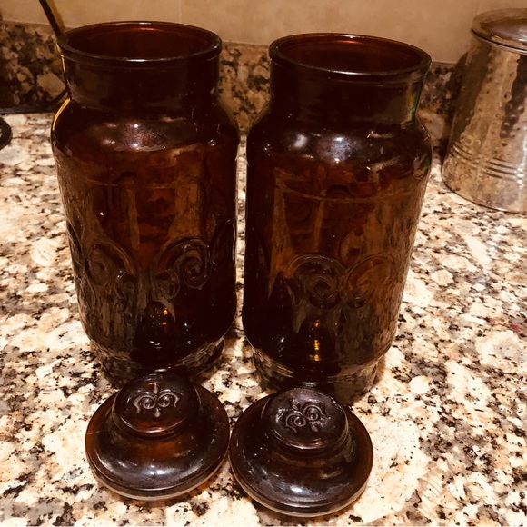 Vintage Style Fleur De Lis Design Amber Brown Glass Apothecary Jars (2) 9-1/4" - Picture 3 of 11